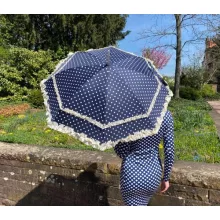 Esküvői fodros kék, krémszínű pöttyökkel - UV szűrős - automata hosszúnyelű esernyő / napernyő - Mary - von Lilienfeld