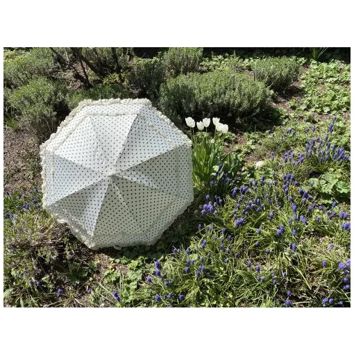 Esküvői fodros elefántcsont színű, kék pöttyökkel- UV szűrős - automata hosszúnyelű esernyő / napernyő - Mary - von Lilienfeld