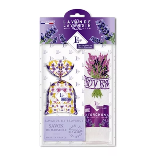 Levendulával töltött Bicolore Violet zsák 18g+levendulaszappan 100g+hímzett kéztörlő 40x60cm, pamut