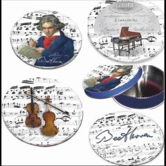   Poháralátét fém-parafa 4db-os szett dia 9,5cm, fémdobozban, Beethoven