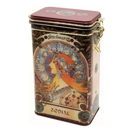 Csatos fémdoboz, dombornyomott 11x18x7, 4cm, Mucha: Zodiac