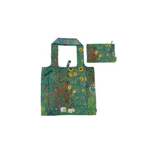 ECO bevásárló táska újrahasznosított műanyag palackból 48x60cm összehajtva 15x12cm-es tasakban, Klimt:Kert napraforgókkal – Fridolin