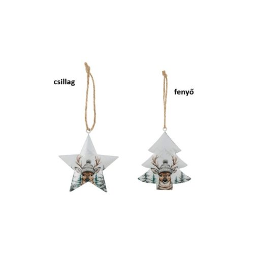 Fém függődísz fenyő/csillag,8x0,5x9,5cm, kötöttsapkás szarvasfejjel – Gehlmann