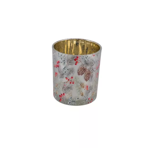 Üveg mécsestartó 12x12x18cm, fenyőágas-csipkebogyós – Gehlmann