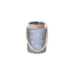   Kék bordásüveg mécsestartó kötélfüllel, 21x13,5cm – Boltze