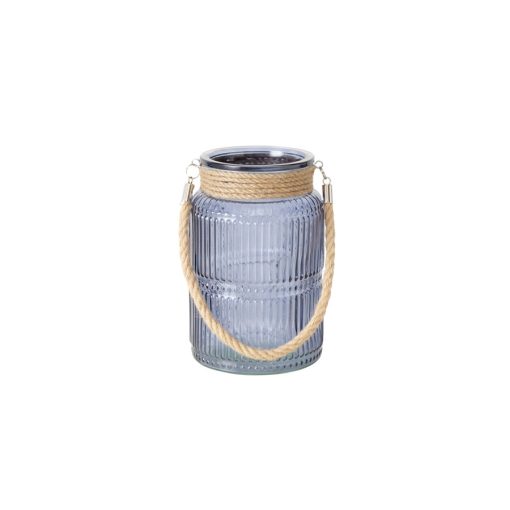 Kék bordásüveg mécsestartó kötélfüllel, 21x13,5cm – Boltze