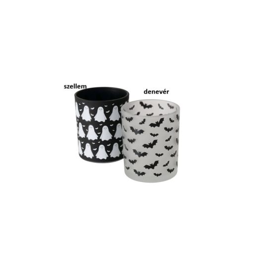 Halloween üveg mécsestartó fekete-fehér,7x8,3cm, Ghostie – Boltze