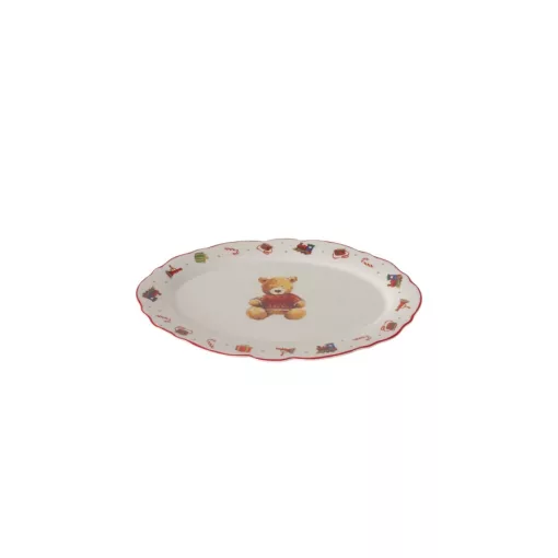 Porcelántál ovál, 31x21cm, piros pulcsis macival, Bailey – Boltze