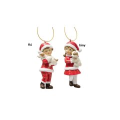   Piros ruhás kisfiú/kislány kutyával, 4,5x4,4x11,5cm, Sky – Boltze