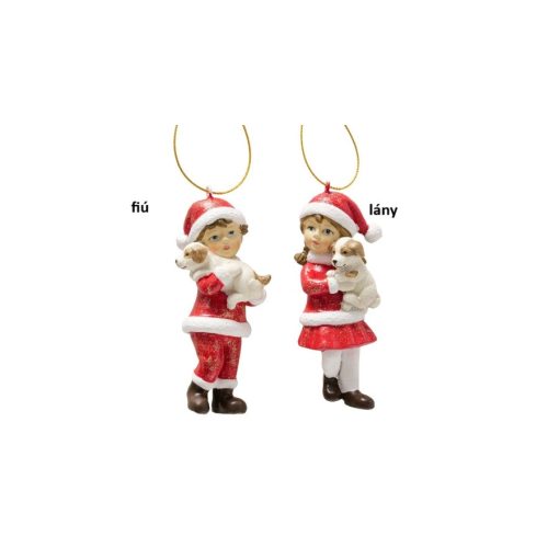 Piros ruhás kisfiú/kislány kutyával, 4,5x4,4x11,5cm, Sky – Boltze