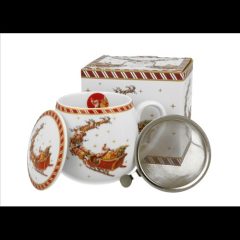   Duo Gift Porcelánbögre tetővel, fémszűrővel, 430ml, dobozban, Santa on Sleigh