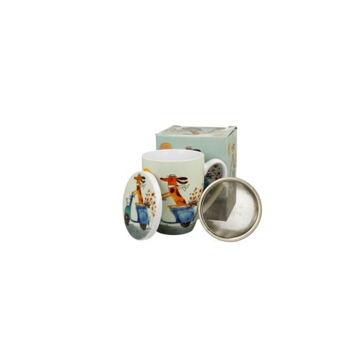Porcelánbögre tetővel, fémszűrővel, 360ml, dobozban, Dog on a scooter – Duo Gift