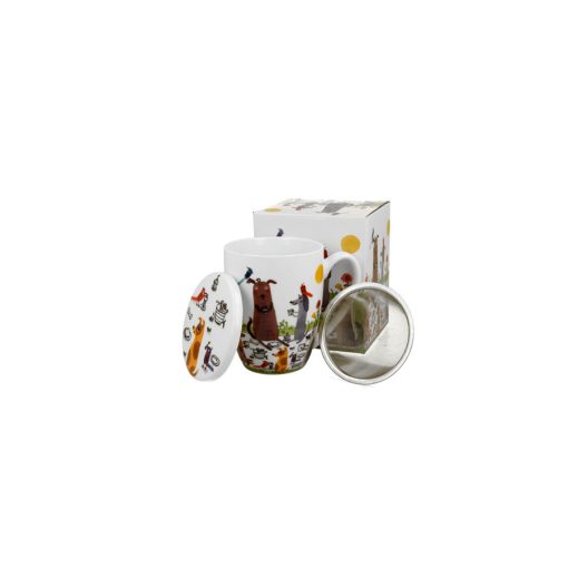 Porcelánbögre tetővel, fémszűrővel, 360ml, dobozban, Dog picnic – Duo Gift