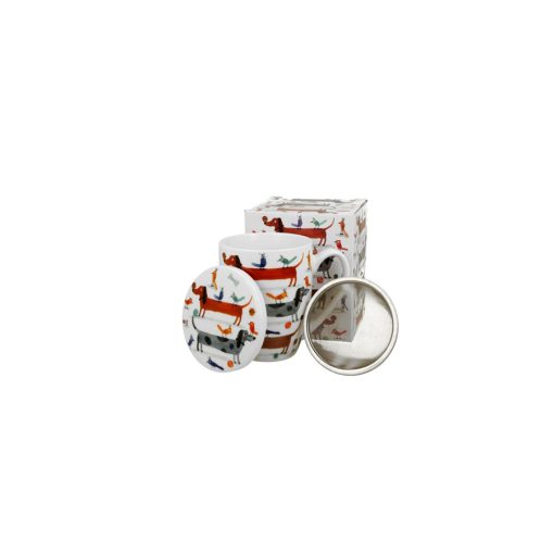 Porcelánbögre tetővel, fémszűrővel, 360ml, dobozban, Long Dogs – Duo Gift