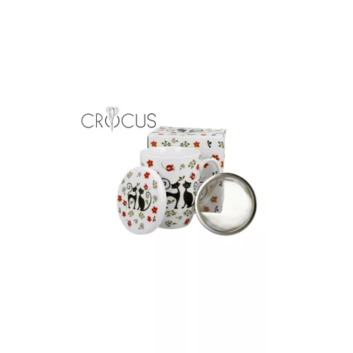 Porcelánbögre tetővel, fémszűrővel, 430ml, dobozban, Ethno Cats – Duo Gift