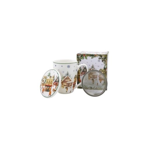 Porcelánbögre tetővel, fémszűrővel, 360ml, dobozban, Christmas Village – Duo Gift
