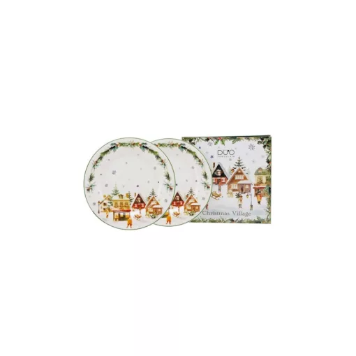 Porcelán desszerttányér szett, 2db-os, 19cm, dobozban, Christmas Village – Duo Gift
