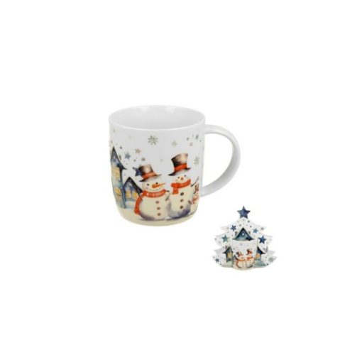 Porcelánbögre 400ml, fenyőfa díszcsomagolásban, Snowman – Duo Gift