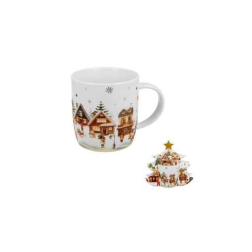 Porcelánbögre 400ml, fenyőfa díszcsomagolásban, Christmas Village – Duo Gift