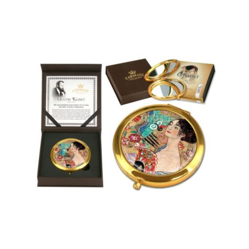 Kézitükör nagyítós, fémkeretben, dobozban 11cm Klimt:Lady with Fan – Carmani