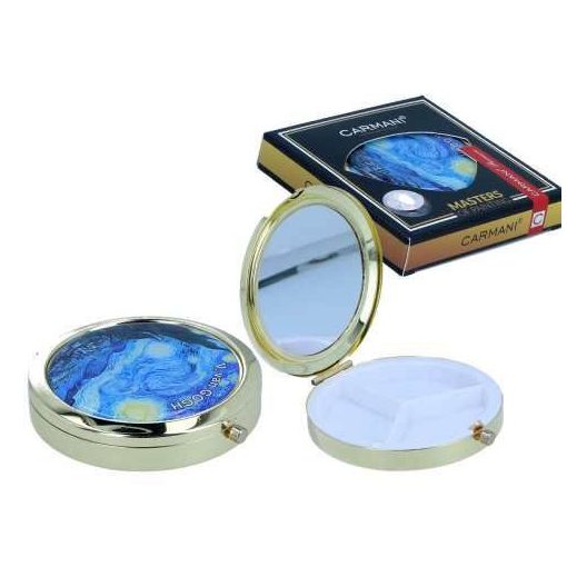 Gyógyszeres fémdoboz 3 fakkos műanyag belsővel, tükörrel 7x7x1,5cm, Van Gogh: Csillagos éj
