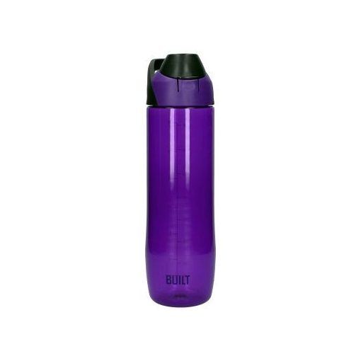BPA mentes műanyag útipalack nyomógombos nyitóval, táskaakasztóval, 710ml, lila, Built
