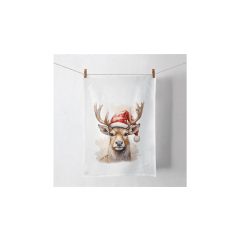   Deer with Santa hat white konyharuha 50x70cm, 100% pamut – Ambiente