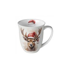 Deer with Santa hat white porcelánbögre 0,4l – Ambiente