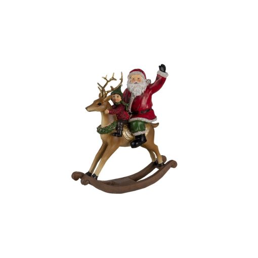 Mikulás hintaszarvason, gyerekkel műanyag dekorfigura 20x7x22cm – Clayre-Eef