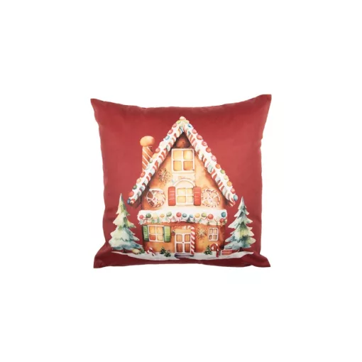 Textil párnahuzat 45x45cm, 100% polyester, piros alapon mézeskalács házikó – Clayre-Eef