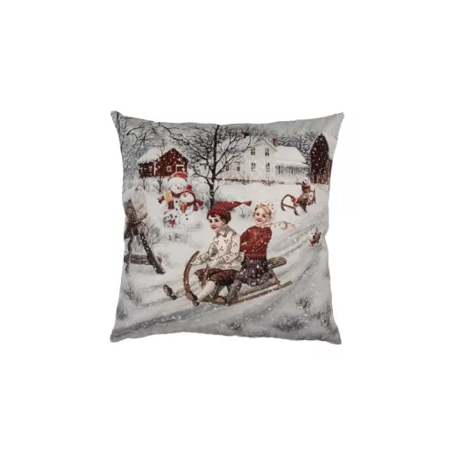 Textil párnahuzat 45x45cm, 100% polyester, téli táj szánkózókkal – Clayre-Eef