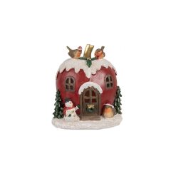   Piros alma házikó madarakkal, hóemberrel, LED-es, 12x11x13cm, műanyag dekorfigura – Clayre-Eef