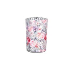   Üveg mécses/gyertyatartó 12x18cm, rózsaszín rózsás – Clayre-Eef