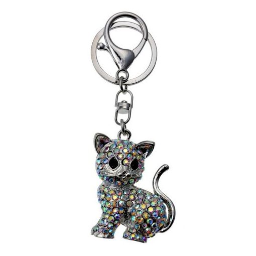 Fém kulcstartó, ezüst színű gyöngyös cicával