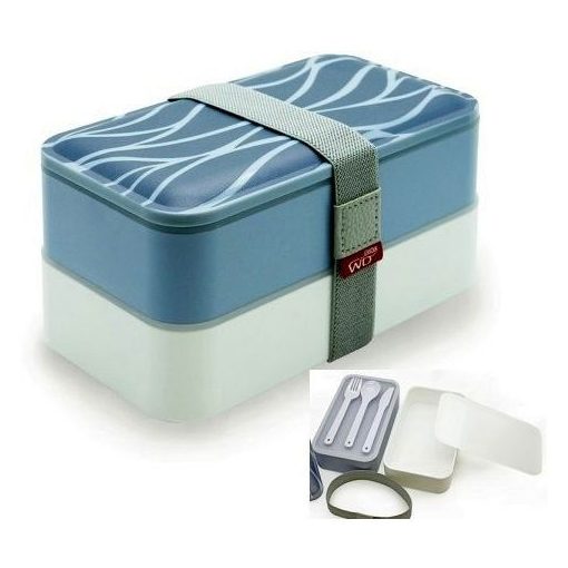 Műanyag lunch-box 2 rekeszes, műanyag evőeszközzel,10x10x18cm, hullámmintás