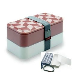   Műanyag lunch-box 2 rekeszes, műanyag evőeszközzel,10x10x18cm, rombuszmintás