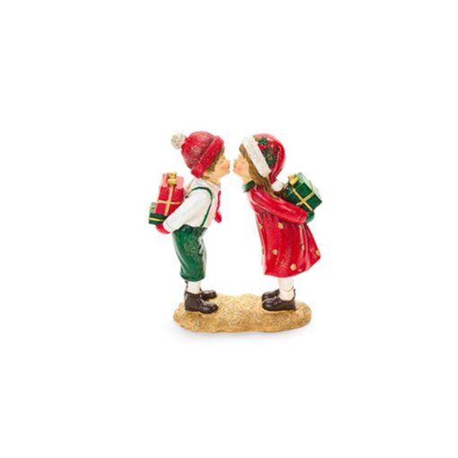 Puszilózó kisfiú-kislány csomagokkal, 15x6x18cm, műanyag dekorfigura – Nuvole di Stoffa