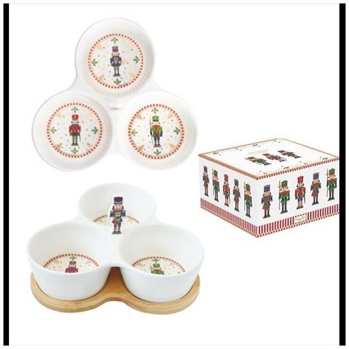 Easy Life-Nuova Porcelán 3 részes kínálótálka bambusztálcán 20,5x17cm, dobozban Nutcracker