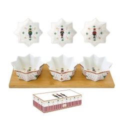   Porcelán csillagtálka szett 3 db-os, bambusztálcán, 34x12cm, Nutcrackers