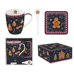   Easy Life-Nuova Porcelánbögre 350ml porcelánkanállal, parafa poháralátéttel, dobozban, Gingerbread