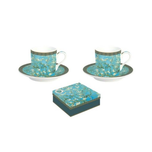 Porcelán eszpresszócsésze+alj, 2 személyes, 75ml, dobozban, Van Gogh:Mandulavirágzás – Easy Life-Nuova