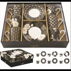   Porcelán eszpresszócsésze+alj 6 személyes,100ml, dobozban, Coffee Mania, Art Deco & Flowers