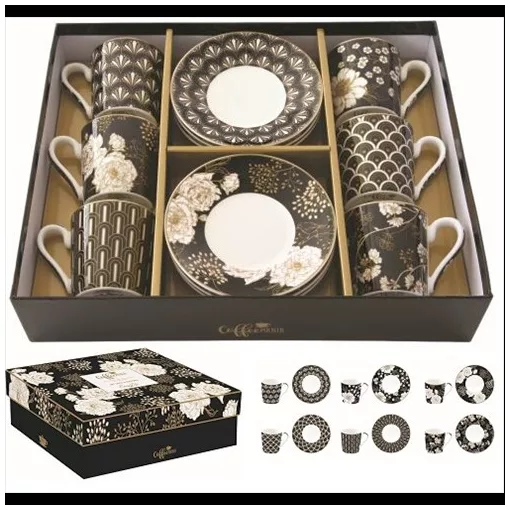 Porcelán eszpresszócsésze+alj 6 személyes,100ml, dobozban, Coffee Mania, Art Deco & Flowers