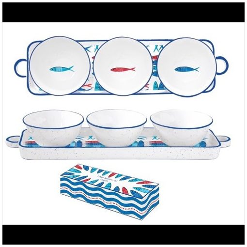 Porcelán tálkaszett 3db-os 10cm, porcelántálcán 37x10cm dobozban, Sardine's Party