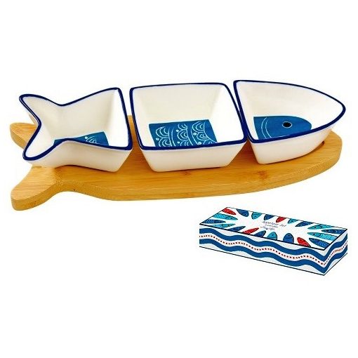 Porcelán kínálótálka 3 részes halforma szett bambusztálcán 28x10cm, Sardine's Party