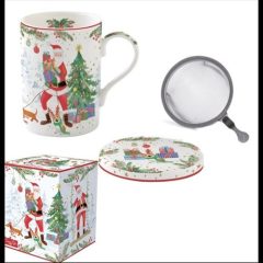   Porcelán szűrősbögre tetővel, 350ml, dobozban, Joyful Santa