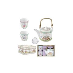   Porcelán teáskanna 600ml, fémszürővel, 2 porcelánpohárral 160ml, dobozban, Spring Bloom – Easy Life-Nuova