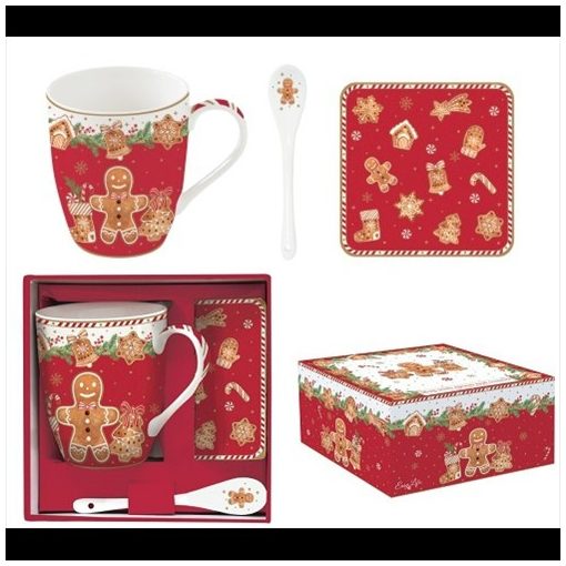 Porcelánbögre 350ml porcelánkanállal, parafa poháralátéttel, dobozban, Fancy Gingerbread
