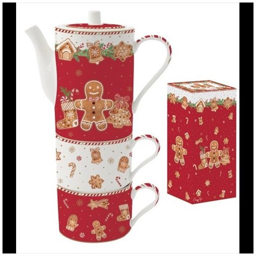 Easy Life-Nuova Porcelán bögreszett 2 db, 240ml, teáskannával 500ml, egymásba sorolós, dobozban, Fancy Gingerbread
