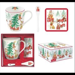   Porcelánbögre 350ml kanállal, parafa poháralátéttel, dobozban, Christmas Gang